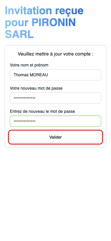 Écran de définition du mot de passe