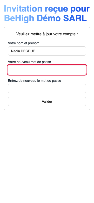 Écran de définition du mot de passe