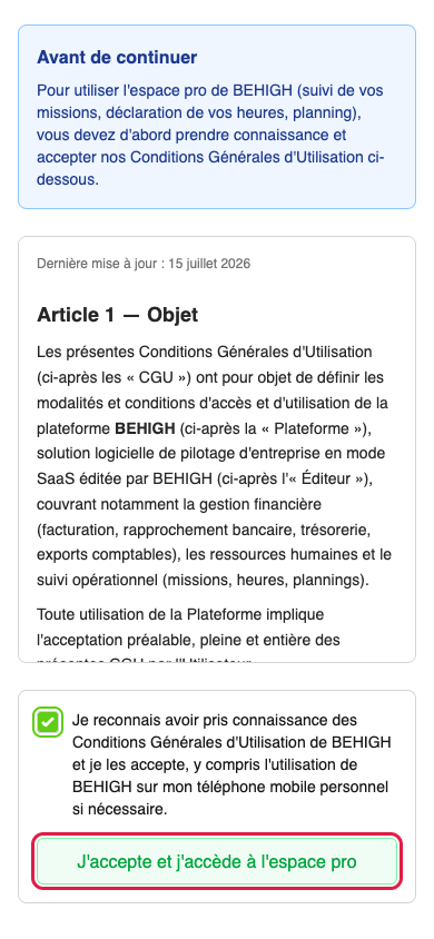 Acceptation des conditions à l'entrée de l'espace