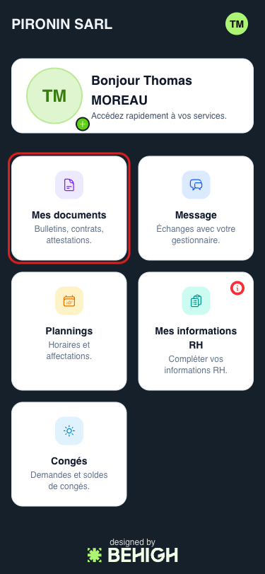 Accueil salarié, carte Mes documents