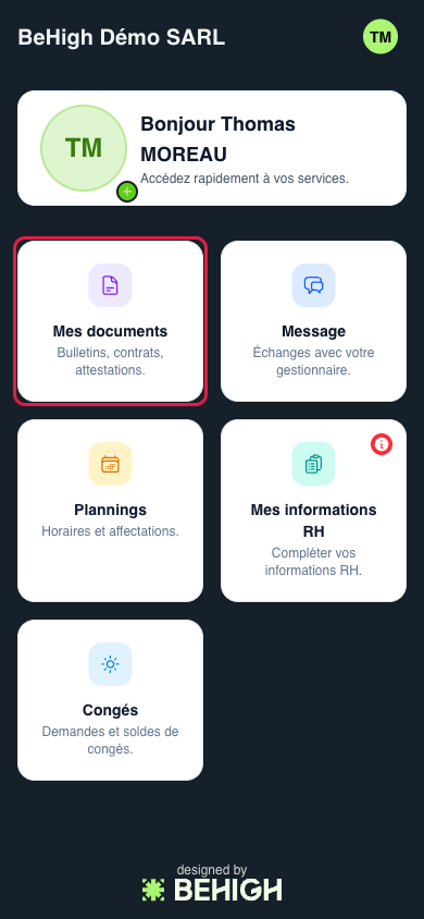 Accueil salarié, carte Mes documents