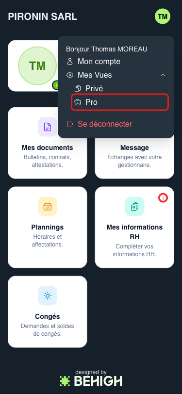 Accéder à Mon espace pro depuis le menu