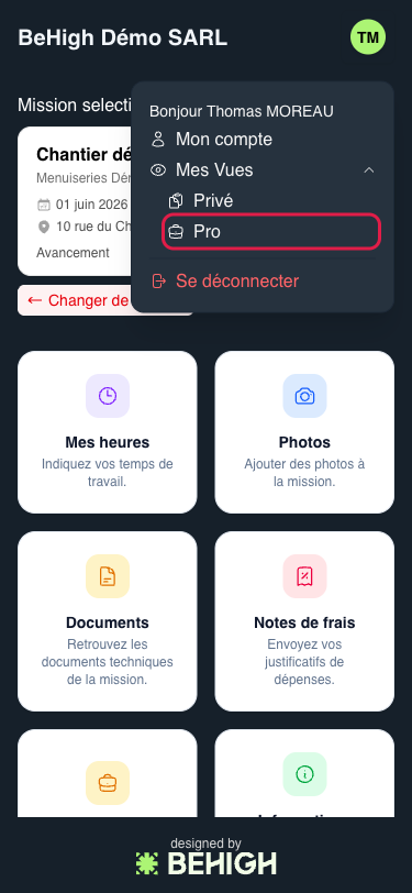 Accéder à Mon espace pro depuis le menu