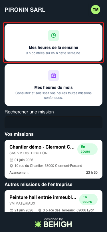Tuile Mes heures de la semaine