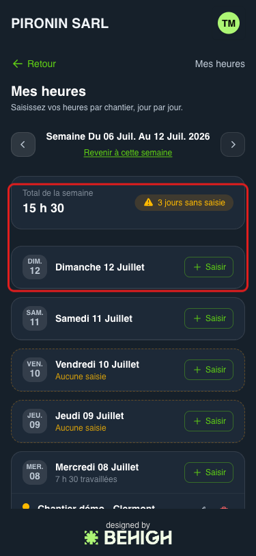 Grille de la semaine avec le récapitulatif