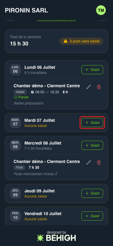 Bouton Saisir sur un jour sans saisie