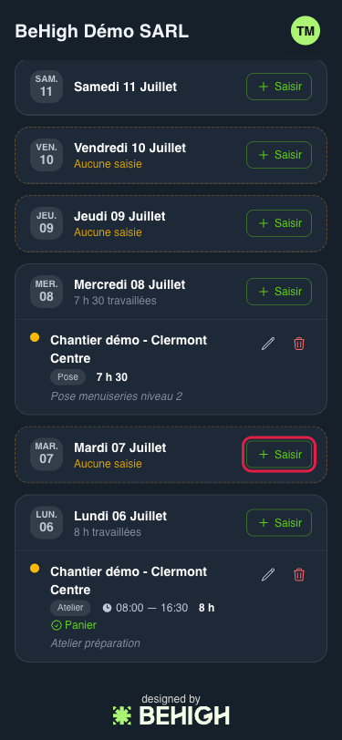 Bouton Saisir sur un jour sans saisie