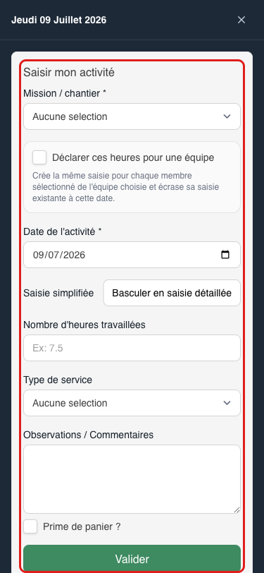 Panneau de saisie, mode simplifié