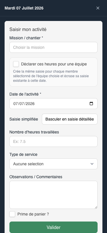 Panneau de saisie, mode simplifié