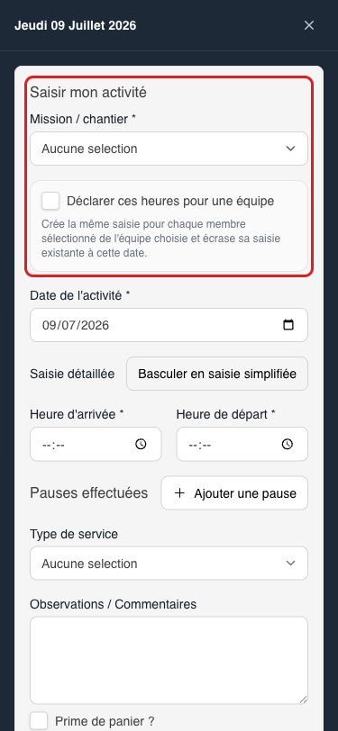 Panneau de saisie, mode détaillé