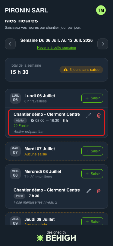 Une saisie enregistrée avec ses actions modifier et supprimer