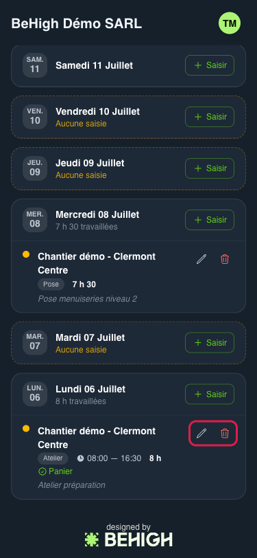 Une saisie enregistrée avec ses actions modifier et supprimer