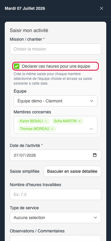 Choisir l'équipe puis les membres concernés