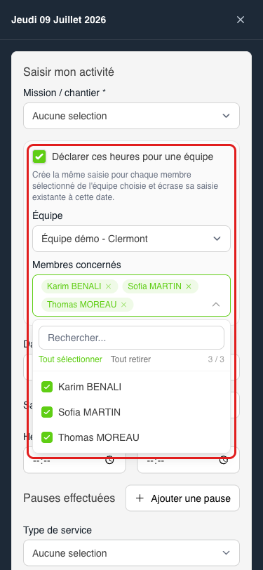 Choisir l'équipe puis les membres concernés