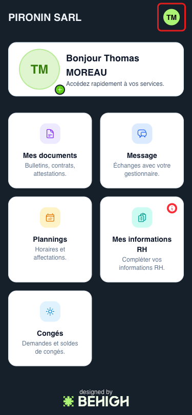 Page d'accueil et avatar