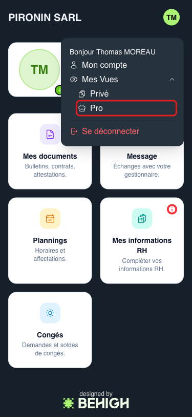 Menu, Mes Vues puis Pro