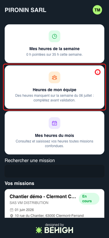 Tuile Heures de mon équipe