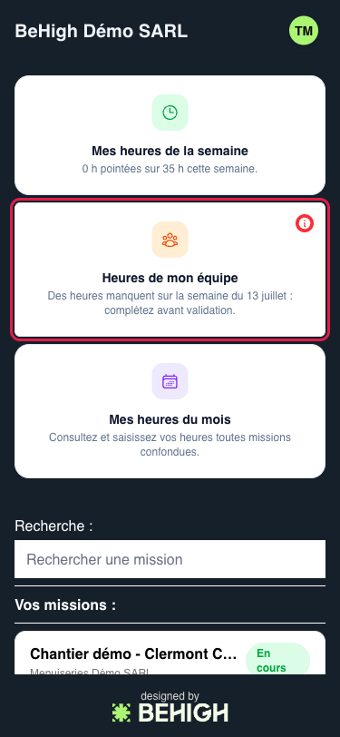Tuile Heures de mon équipe