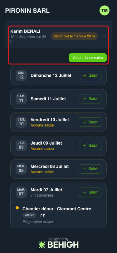 Détail d'un membre et bouton Valider la semaine