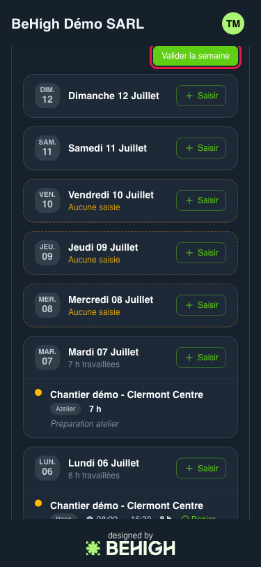 Détail d'un membre et bouton Valider la semaine