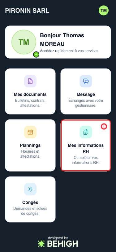 Carte Mes informations RH avec la pastille d'informations à compléter