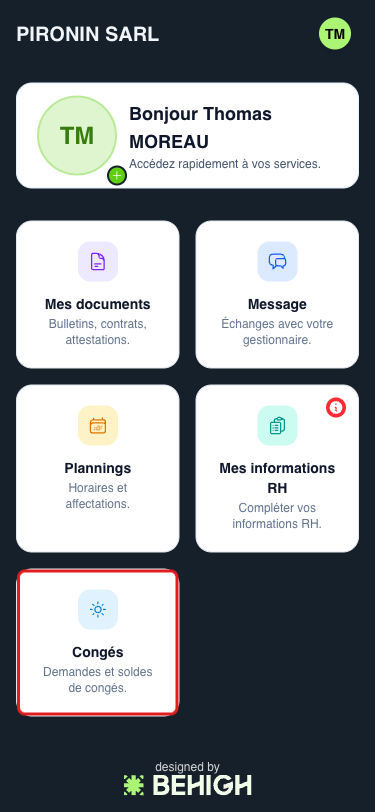 Accueil salarié, carte Congés