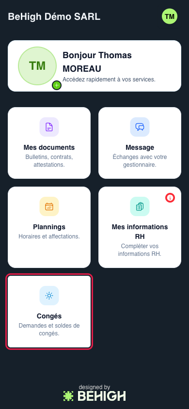 Accueil salarié, carte Congés
