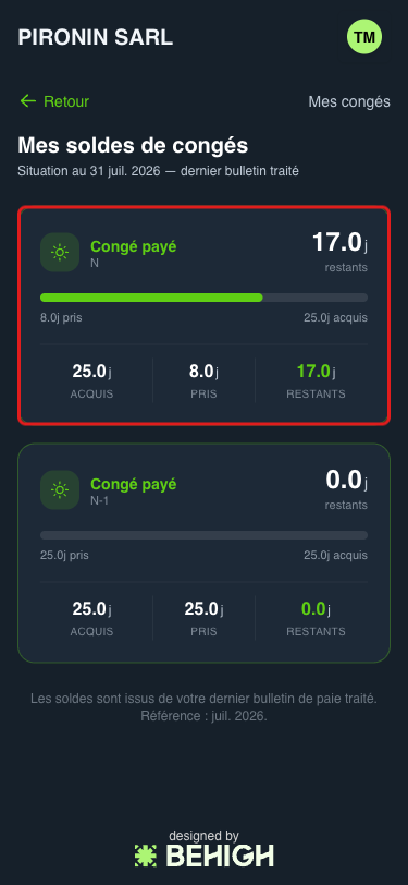 Soldes de congés payés sur mobile