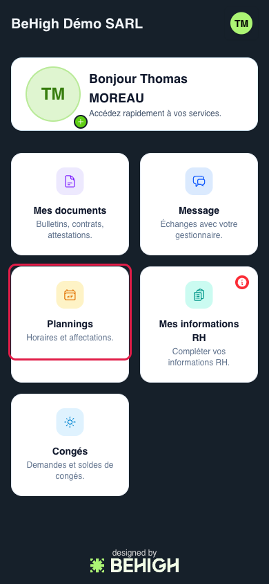 Accueil salarié, carte Plannings