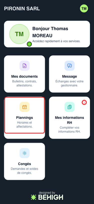 Accueil salarié, carte Plannings