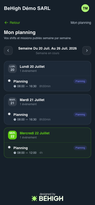 Planning de la semaine sur mobile