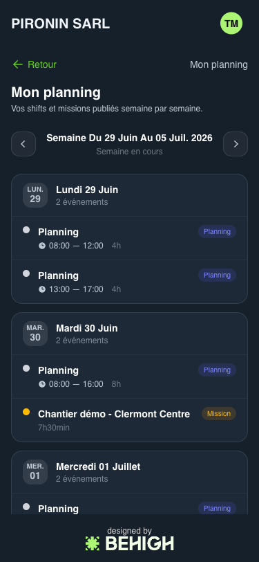 Planning de la semaine sur mobile