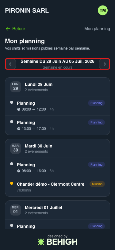 Boutons de navigation entre les semaines