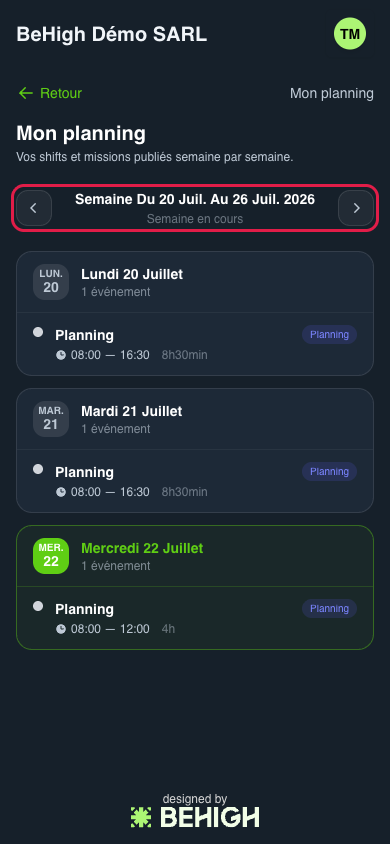Boutons de navigation entre les semaines