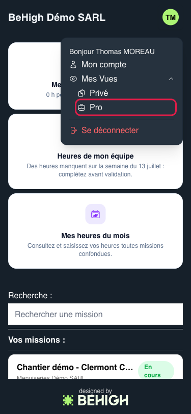 Menu, Mes Vues puis Pro