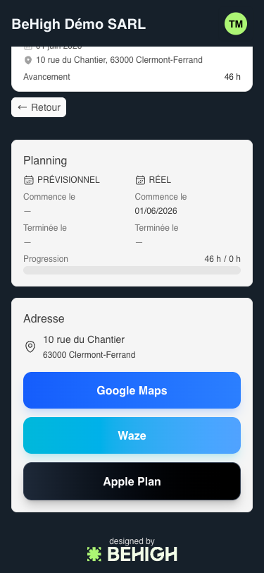 Détail d'une mission : planning et adresse