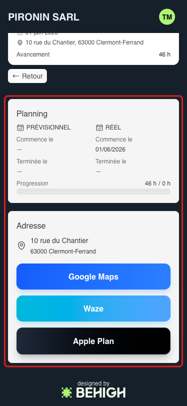 Détail d'une mission : planning et adresse