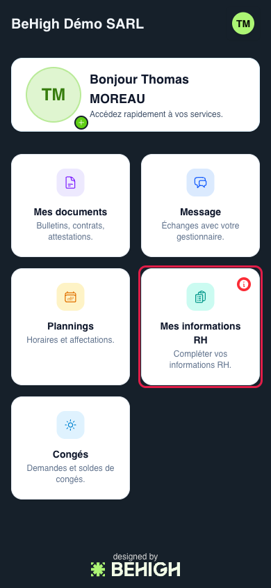 Page d'accueil et tuile Mes informations RH