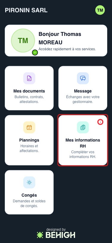 Page d'accueil et tuile Mes informations RH