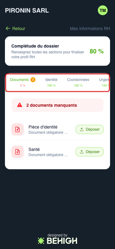 Onglets de la fiche RH et complétude du dossier