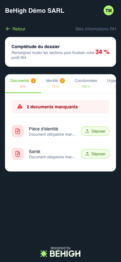 Onglets de la fiche RH et complétude du dossier