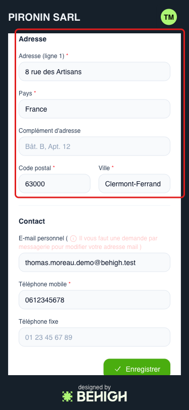 Formulaire de la section Coordonnées