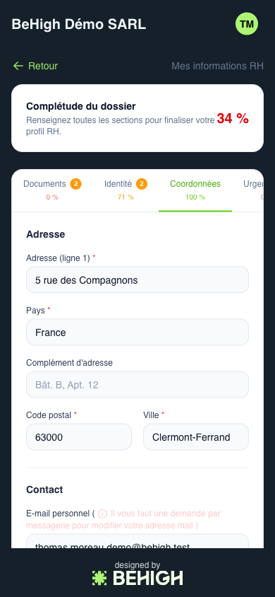 Formulaire de la section Coordonnées