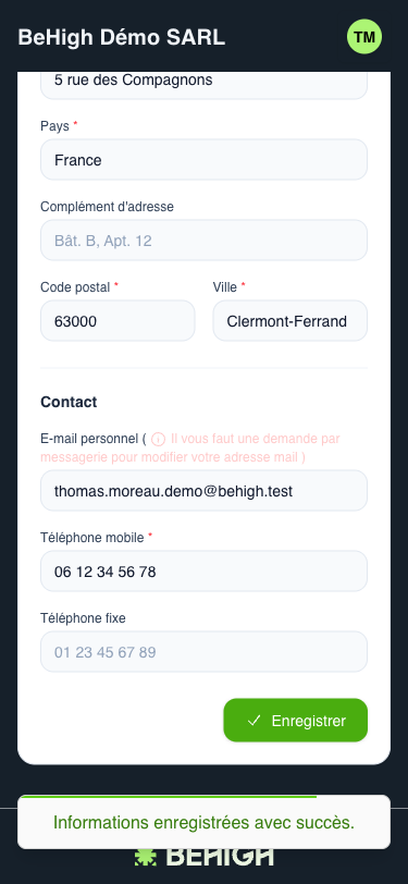 Confirmation d'enregistrement