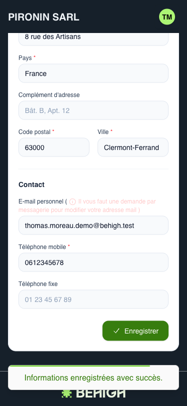 Confirmation d'enregistrement