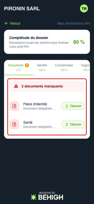 Onglet Documents de la fiche RH
