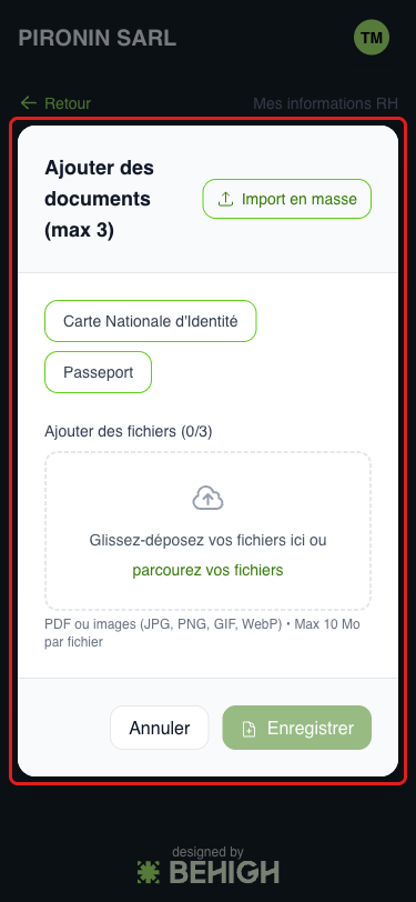 Panneau d'ajout d'un document