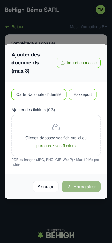 Panneau d'ajout d'un document