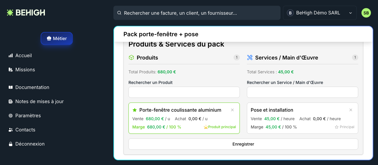 Composition du pack et produit principal
