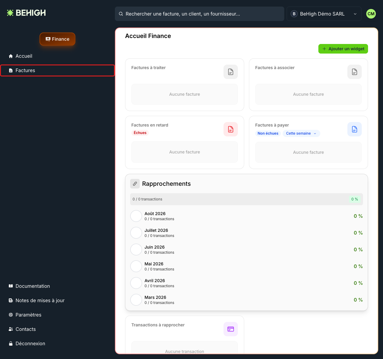 Accueil Finance, entrée Factures dans le menu